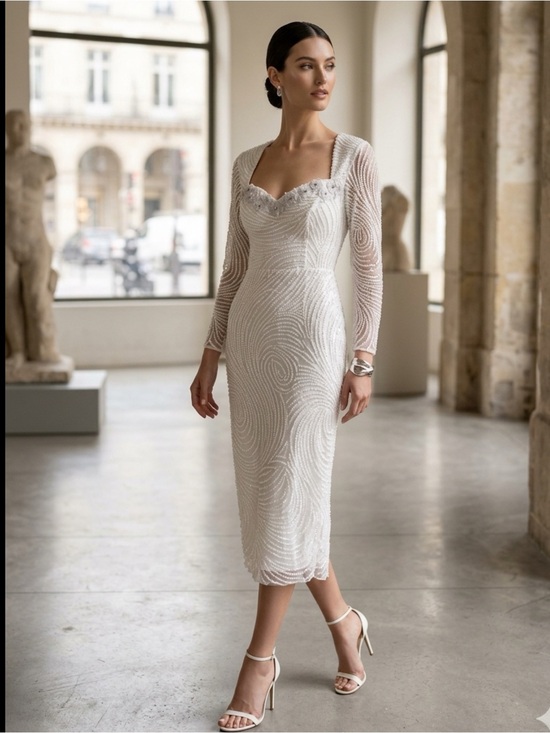 Dresses & Skirts - Vintage Elegant White Swirl Sequin Beaded Midi Formal Dress Long Sheer Sleeves M